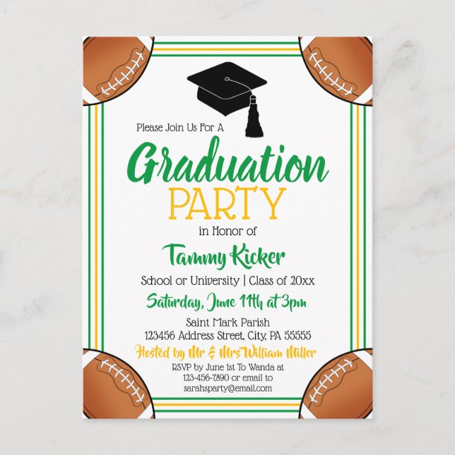 Invitation Carte Postale Football Green & Gold Graduation Party (Devant)