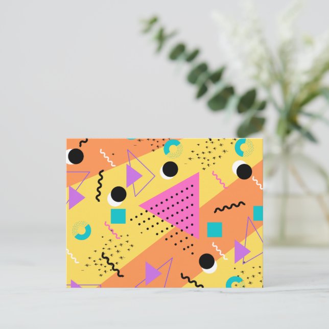 Invitation Carte Postale Formes rétro de style Memphis orange rose des anné (Debout devant)