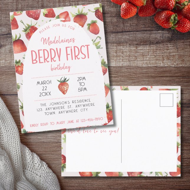 Invitation Carte Postale Fraise 1ère photo Berry Premier anniversaire (Créateur téléchargé)