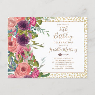 Invitation Carte Postale Fuchsia Bourguignon Floral Pailleté Or 30e Anniver