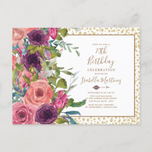 Invitation Carte Postale Fuchsia Bourguignon Floral Pailleté Or 70e Anniver