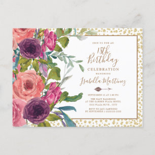 Invitation Carte Postale Fuchsia Floral Glitter Or 18e Anniversaire