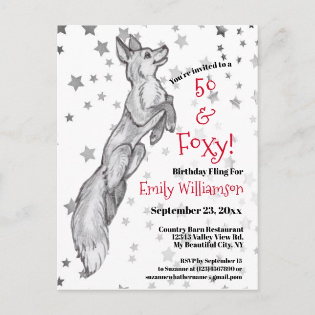 Invitation Carte Postale Fun 50e Black White Red Fox Star Foxy Anniversaire (Devant)