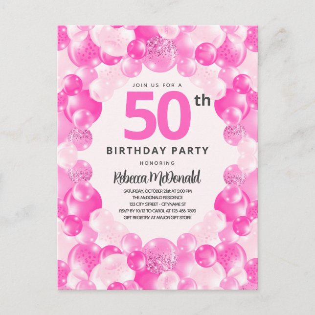 Invitation Carte Postale Fun Pink Balloons Faux Parties scintillant 50e ann (Devant)