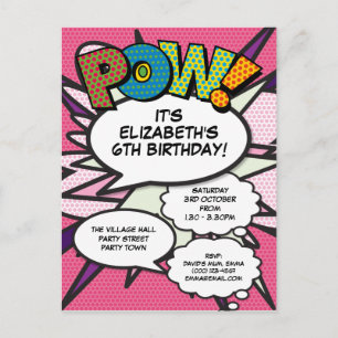 Invitation Carte Postale Fun rose moderne fête d'anniversaire comic POW