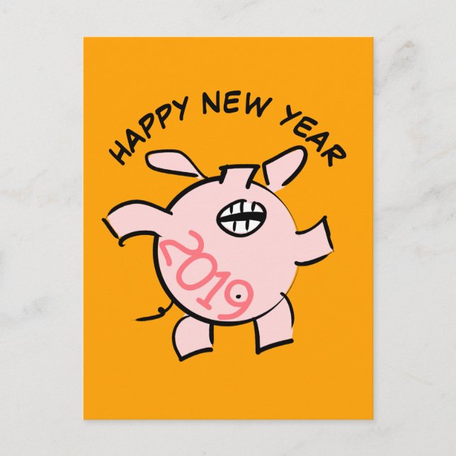 Invitation Carte Postale Funny 5 Dessin Illustration Pig Année 2019 PostC (Devant)