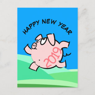 Invitation Carte Postale Funny 6b Cartoon Illustration Cochon Année 2019 Po
