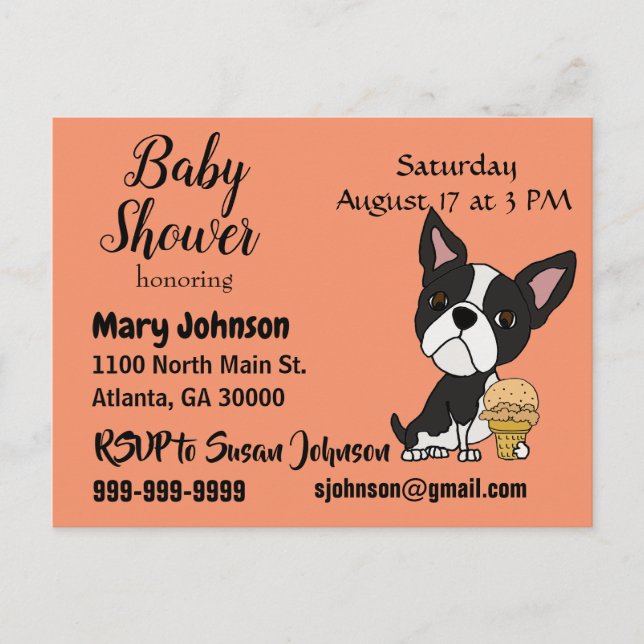 Invitation Carte Postale Funny Boston Terrier Ice Cream Baby shower (Devant)