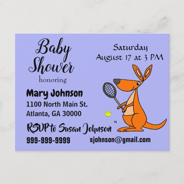 Invitation Carte Postale Funny Kangaroo Jouer Baby shower De Tennis (Devant)