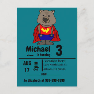 Invitation Carte Postale Funny Wombat Superhero fête d'anniversaire