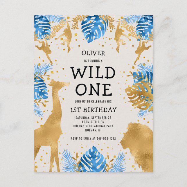 Invitation Carte Postale Garçons 1er Anniversaire Party Blue Ecru Safari (Devant)