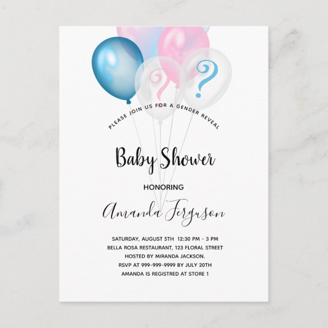 Invitation Carte Postale Genre révéler baby shower bleu rose garçon fille (Devant)