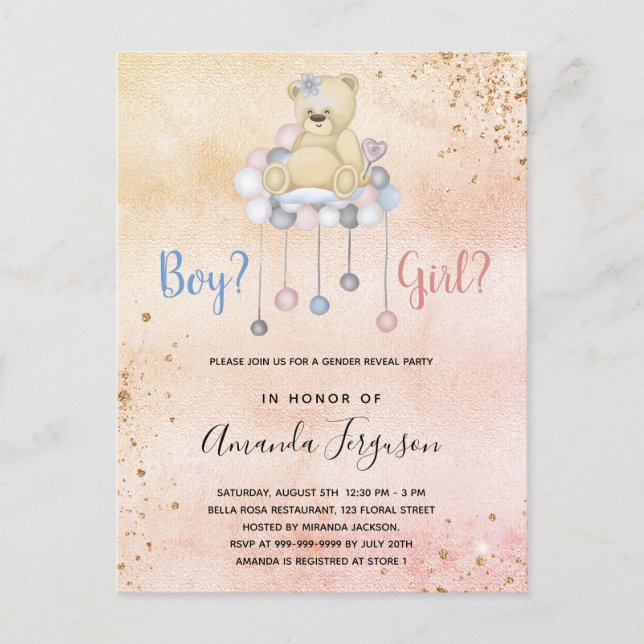 Invitation Carte Postale Genre révéler baby shower en peluche ours garçon f (Devant)