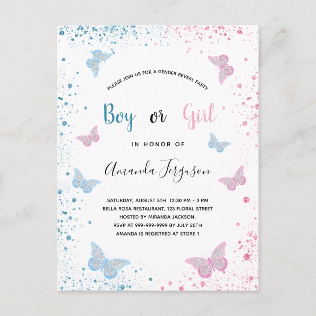 Invitation Carte Postale Genre révéler papillons baby showers bleu rose (Devant)