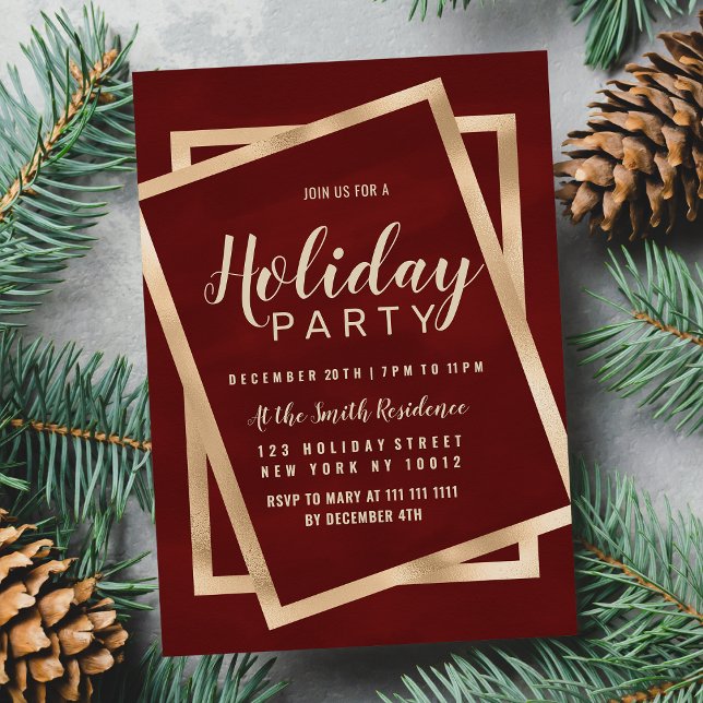 Invitation Carte Postale Géométrique Chic Or Bourgogne Rouge Fête Fête (Geometric Chic Gold Burgundy Red Holiday Party )