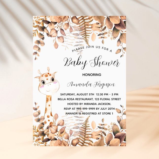 Invitation Carte Postale girafe baby shower eucalyptus jungle boisée (Créateur téléchargé)