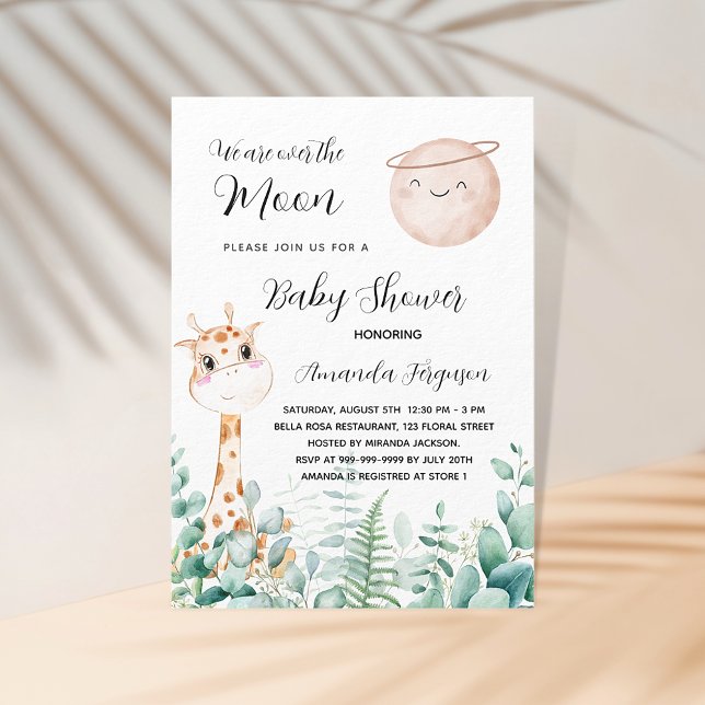 Invitation Carte Postale girafe de baby shower lune eucalyptus bois (Créateur téléchargé)
