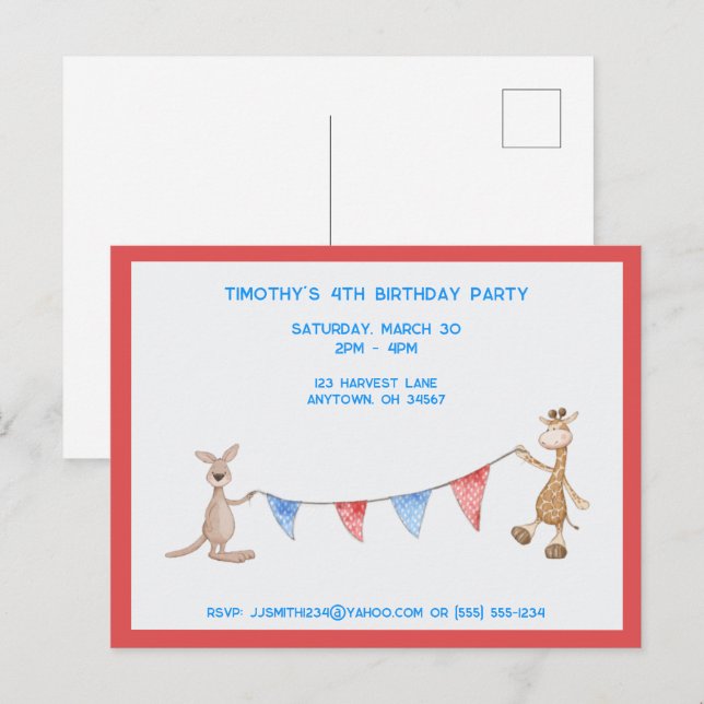 Invitation Carte Postale Giraffe et Kangaroo fête d'anniversaire personnali (Devant / Derrière)