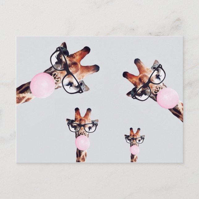 INVITATION CARTE POSTALE GIRAFFE PORTANT DES VERRES SOUFFRANT UN BUBBLEGUM  (Devant)