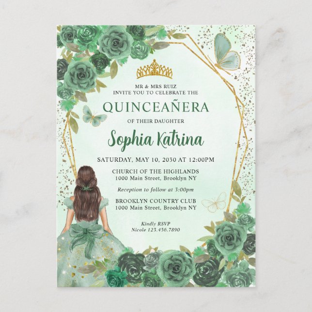 Invitation Carte Postale Girl Dusty Green Gold Floral Princess Quinceañera (Devant)