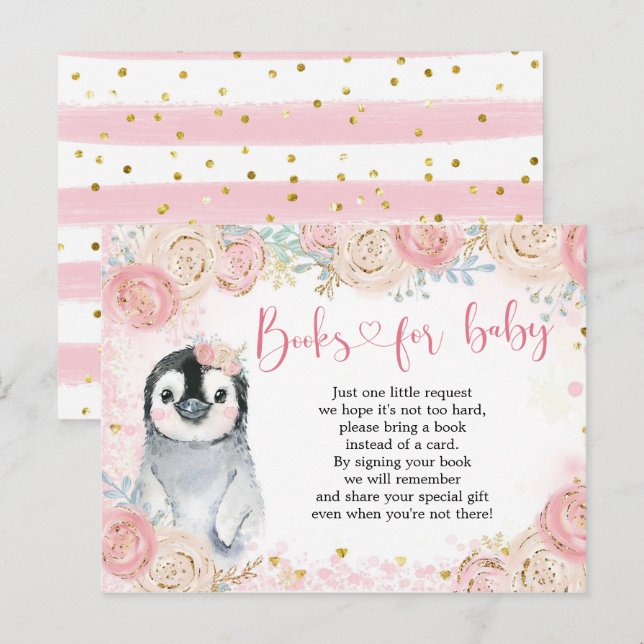 Invitation Carte Postale Girl Penguin Winter Snowflake Livres pour bébé (Devant / Derrière)