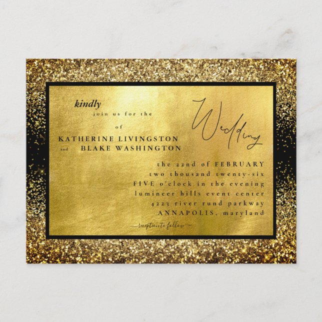 Invitation Carte Postale Glam Gold & Black Budget Mariage (Devant)