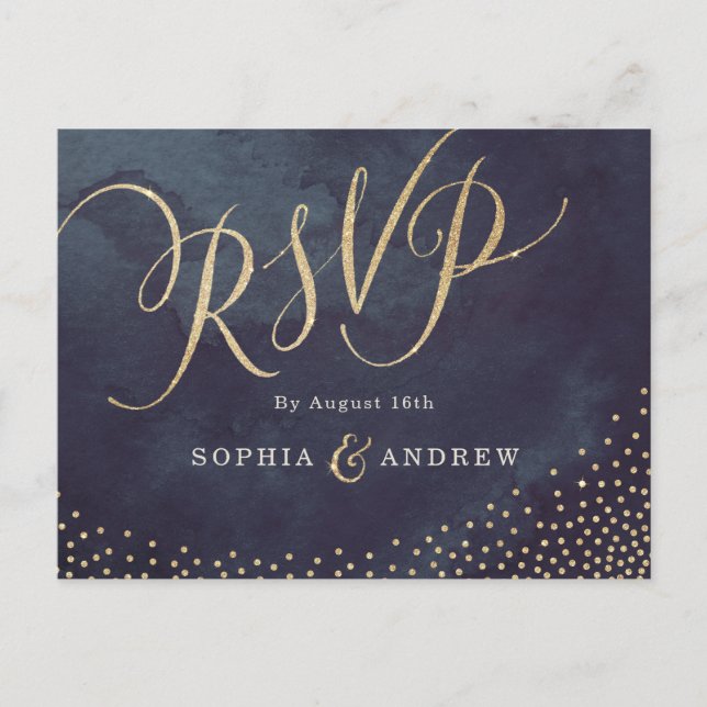 Invitation Carte Postale Glam nuit faux or parties scintillant calligraphie (Devant)