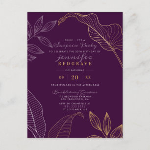 Invitation Carte Postale Glam Purple & Gold Feuilles Modern Surprise Party