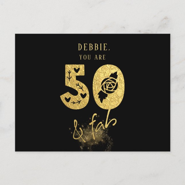 Invitation Carte Postale Glamour virtuel Black and Gold 50 & Fab Anniversai (Devant)