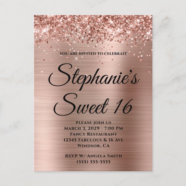 Invitation Carte Postale Glitterie Rose Gold Foil Sweet 16 (Devant)