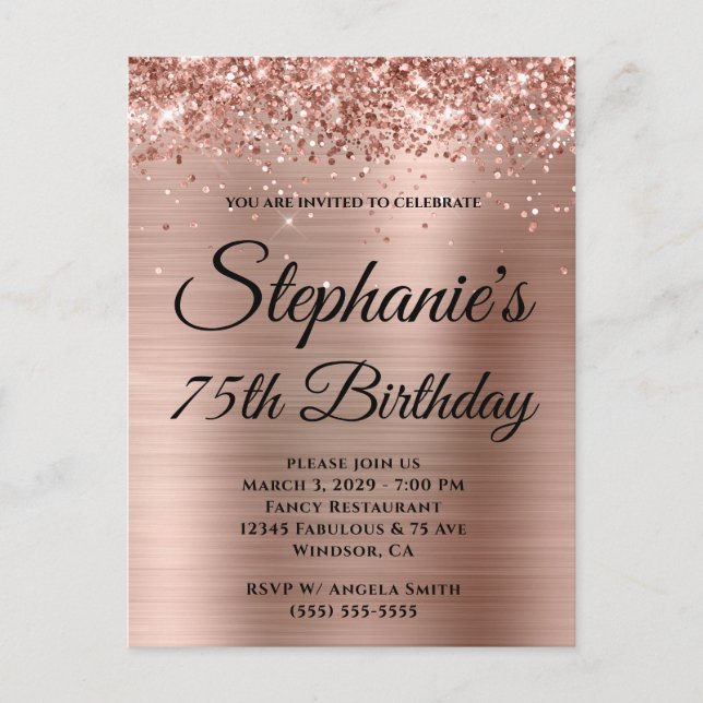 Invitation Carte Postale Glittery Rose Gold Foil 75e anniversaire (Devant)