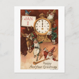 Invitation Carte Postale Gnomes Partying autour d'une horloge