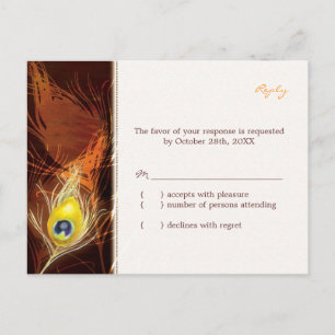Invitation Carte Postale Gold Autumn Peacock Feather Wedding RSVP