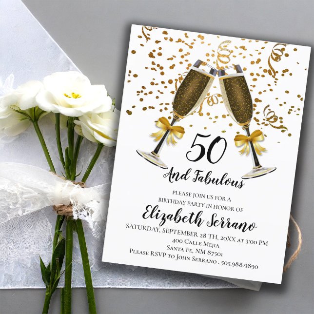 Invitation Carte Postale Gold Confetti Champagne Verres 50e anniversaire (Créateur téléchargé)