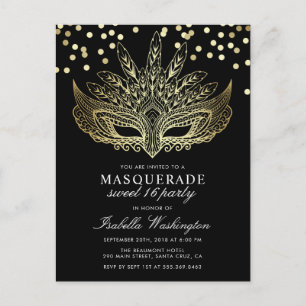 Invitation Carte Postale Gold Confetti Masquerade Sweet 16 Party