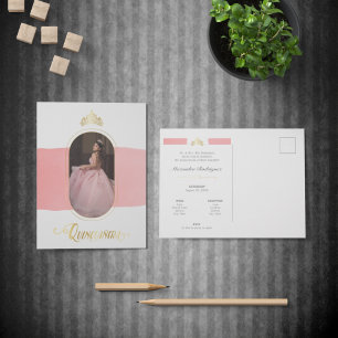 Invitation Carte Postale Gold et Rose rose photo Quinceanera