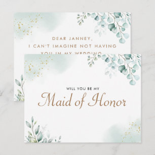 Invitation Carte Postale Gold Eucalyptus Green Maid of Honor Proposition