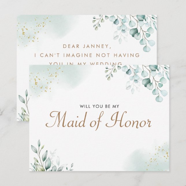 Invitation Carte Postale Gold Eucalyptus Green Maid of Honor Proposition (Devant / Derrière)