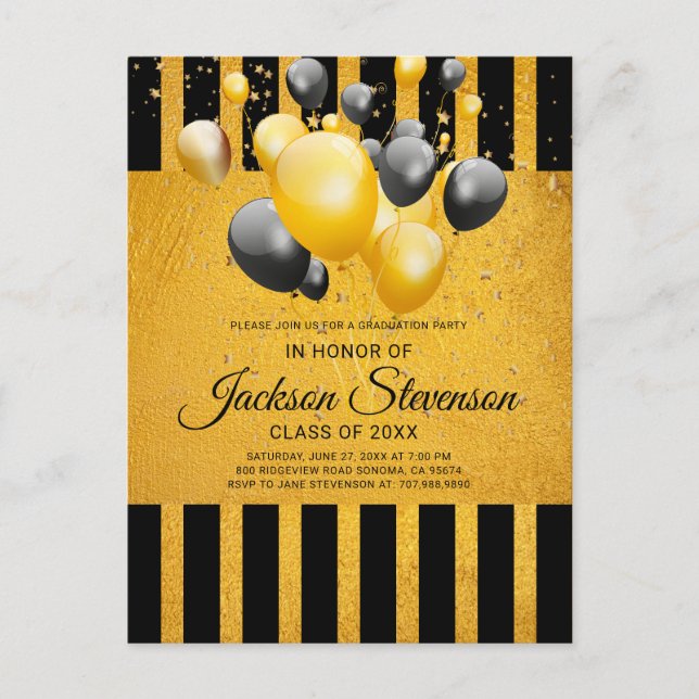 Invitation Carte Postale Gold moderne sur les bandes noires fête de graduat (Devant)