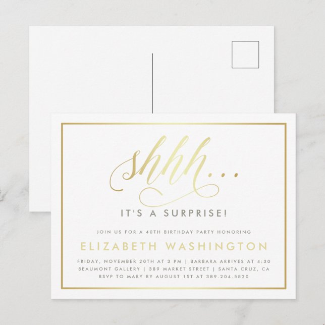 Invitation Carte Postale Gold & White Surprise fête d'anniversaire (Devant / Derrière)
