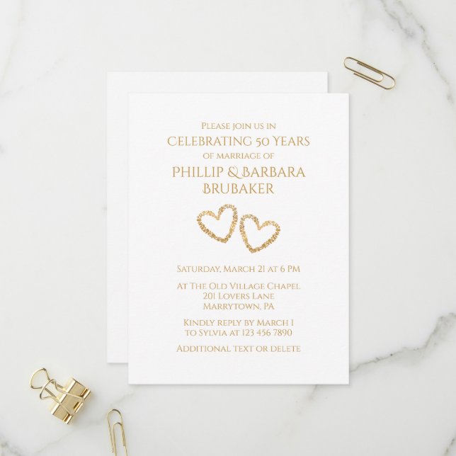 Invitation Carte Postale Golden 50th Mariage Anniversary Party Coeur person (Devant/Arrière en situation)