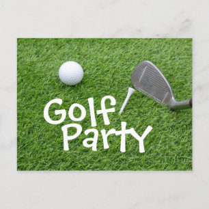 Invitation Carte Postale Golf Party avec balle de golf et tee sur herbe ver