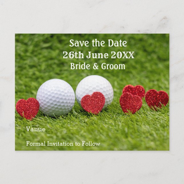 Invitation Carte Postale Golf Sauvez la date pour mariage avec coeur rouge (Devant)