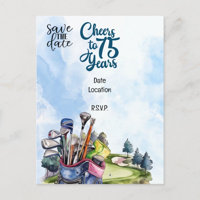 Invitation Carte Postale Golfer 75e anniversaire avec sac de golf Enregistr (Devant)