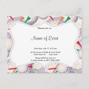 Invitation Carte Postale Golfer ; balles de golf et Motif Tee - shirt