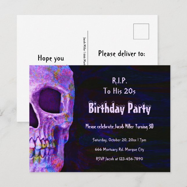 Invitation Carte Postale Gothique Crâne violet fête d'anniversaire RIP à se (Devant / Derrière)