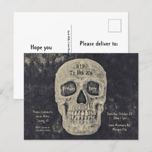 Invitation Carte Postale Gothique Gris Beige Crâne Anniversaire RIP à ses 2