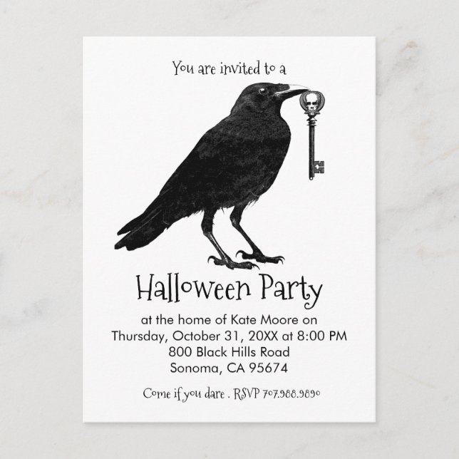 Invitation Carte Postale Gothique Raven Skeleton Key Halloween Party (Devant)