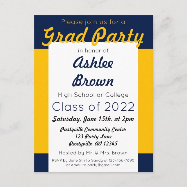 Invitation Carte Postale Grad Party Gold de la Marine (Devant)