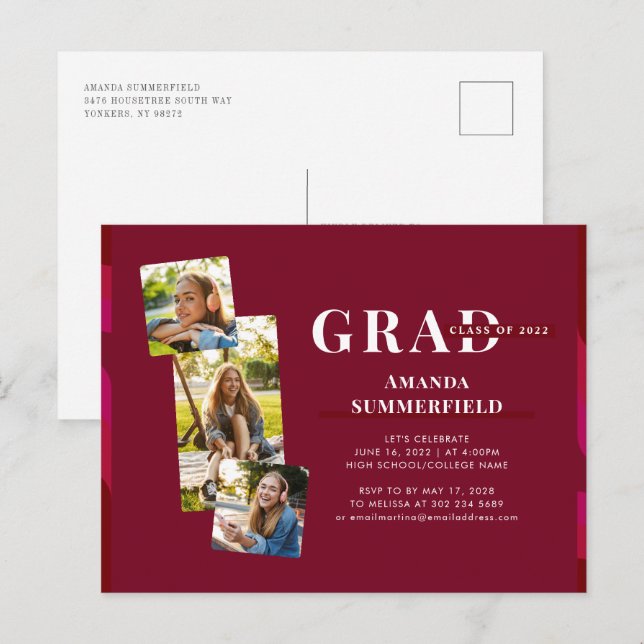 Invitation Carte Postale Graduation 2025 Modern 3 Photos Grad Party (Devant / Derrière)